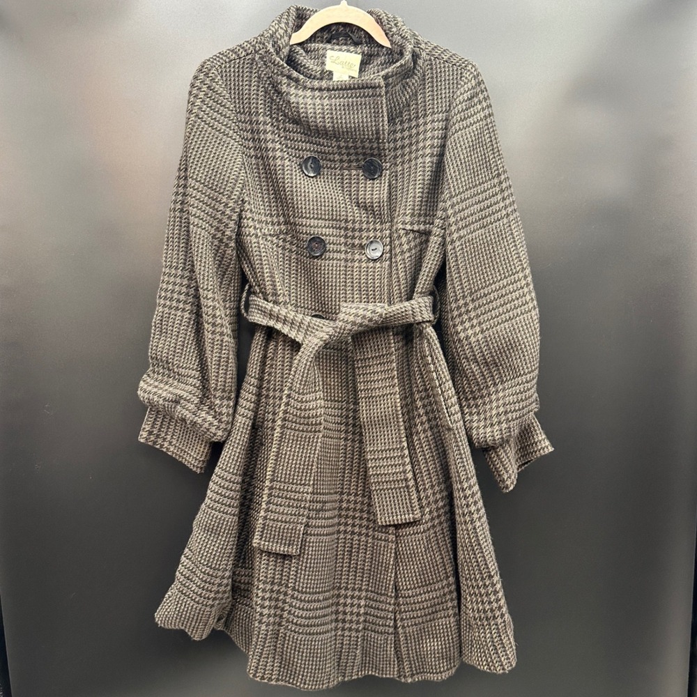 Latte by Coffeeshop Brown Houndstooth Wool Blend Belted Double Breasted Coat S
